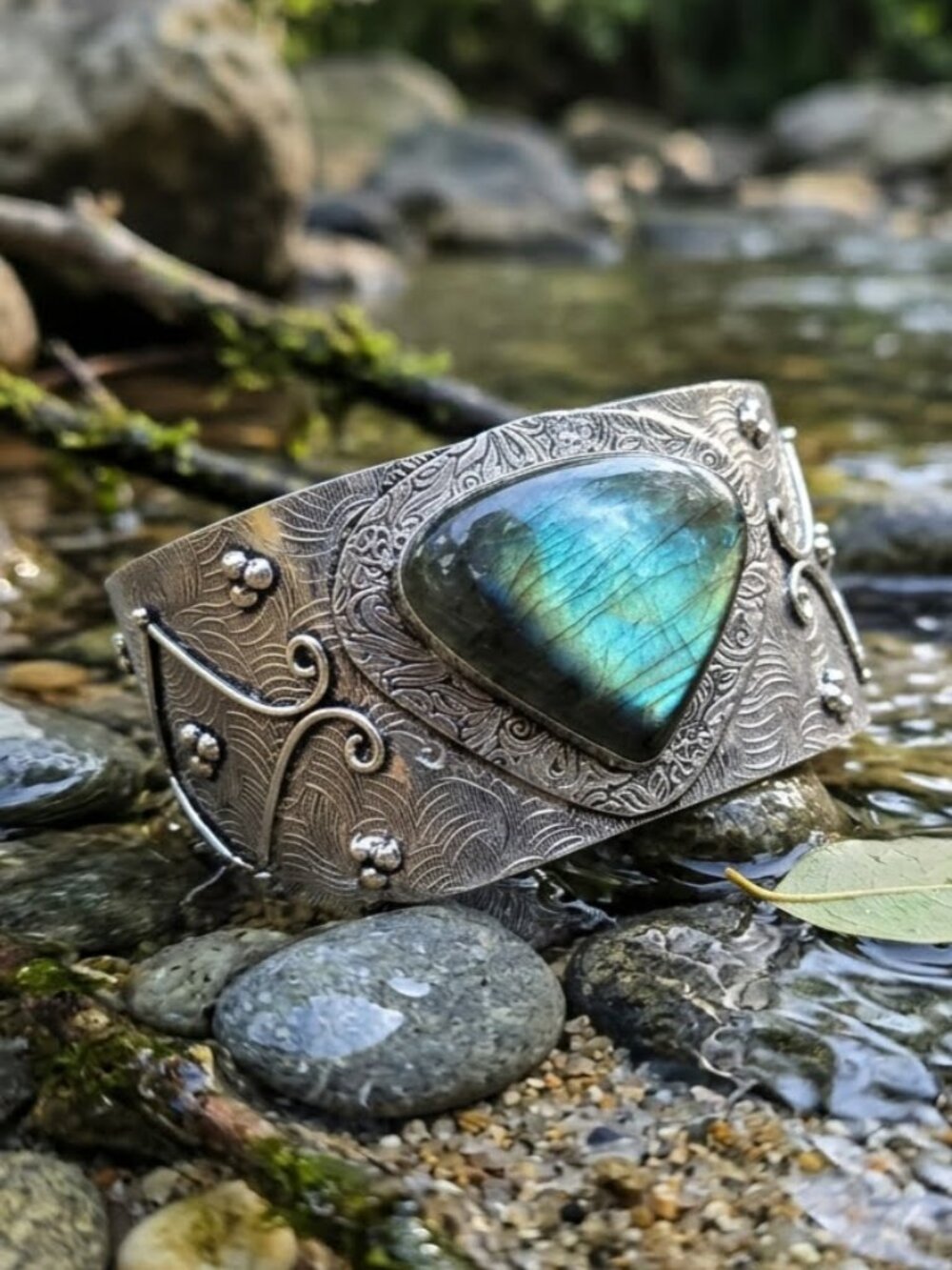925 Silver Genuine Labradorite Artisanal Wide Open Cuff Bracelet Boho Statement - Picture 5 of 16